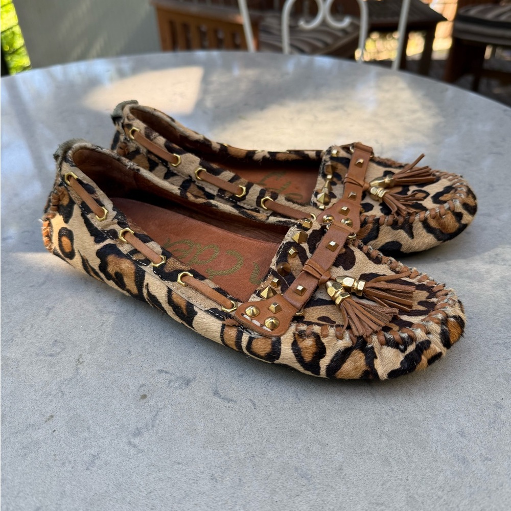 Sam Edelman Jalen Leopard Calf Hair Studded Leather Loafers Size 6.5